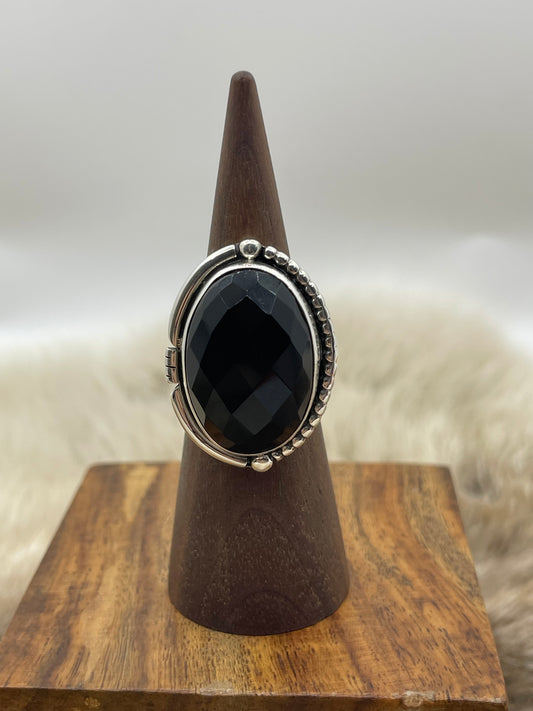 7.0 Faceted Black Onyx Ring By Joelias Draper, Navajo