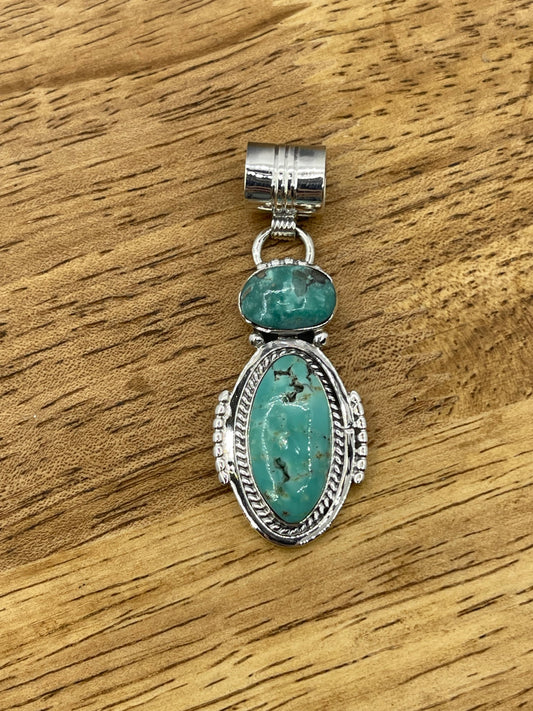 2 Stone Turquoise Oval Pendant with a 7.4mm Bale by Sadie Jim, Navajo (Matrix Varies)
