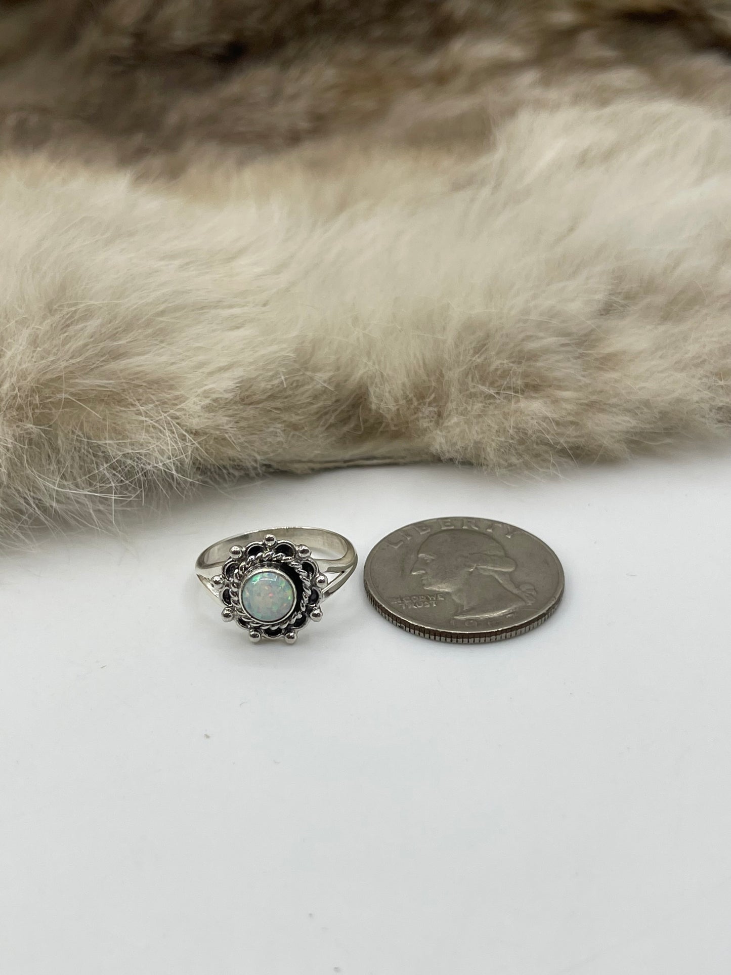9.0 Single Stone White Opal Ring by Theresa Smith, Navajo