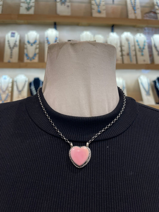 16" Pink Conch Shell Heart Necklace by Donavan Skeet, Navajo