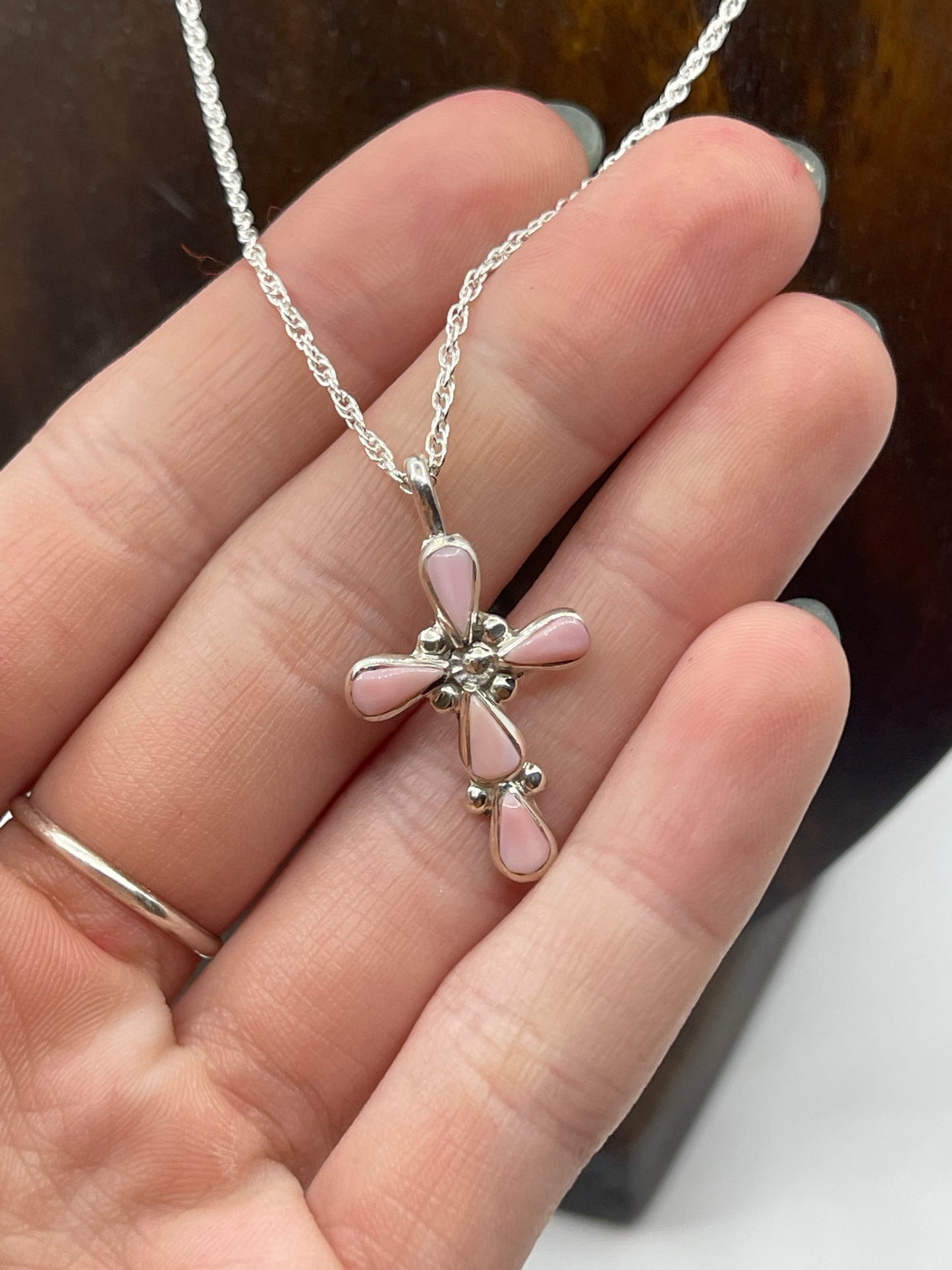 18" Inlaid Pink Conch Shell Necklace by Bryce Vacit, Zuni