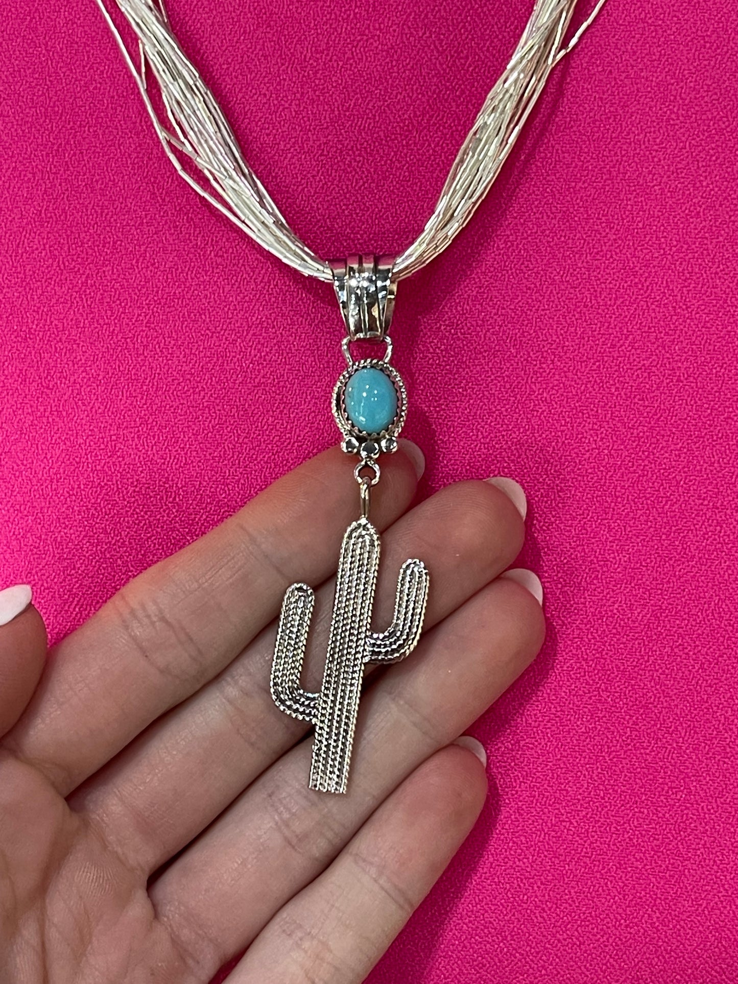 18" 20 Strand Liquid Silver Necklace with a Turquoise Cactus Pendant by Annie Spencer, Navajo