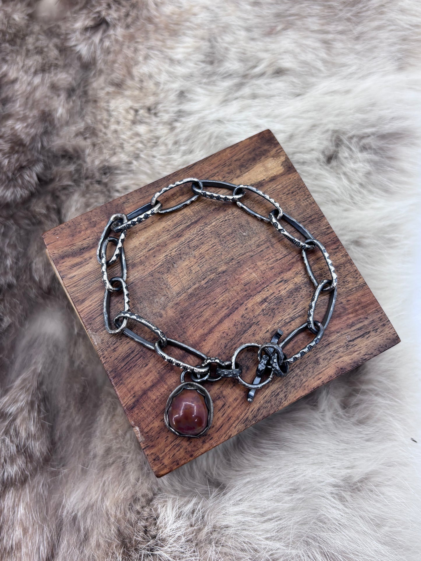 7" Paperclip Chain Bracelet with Coral Stone by Bad Bronc