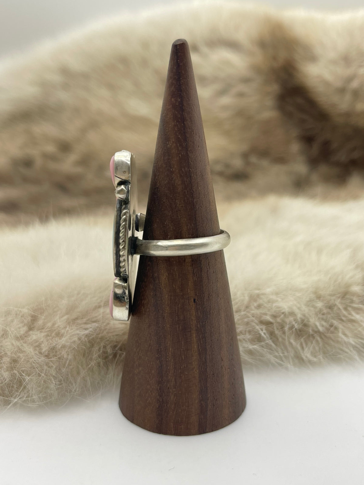 7.0 Half Cluster Turquoise & Pink Conch Shell Ring by Geraldine James, Navajo