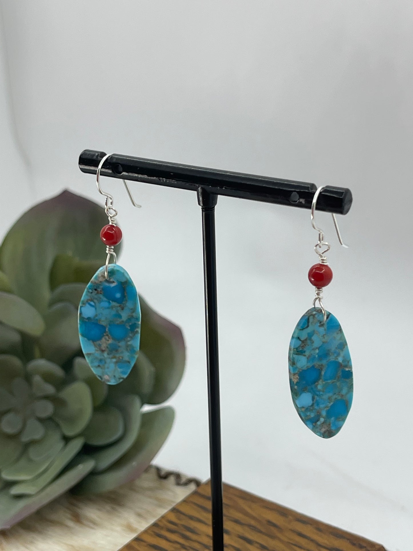 Turquoise and Red Coral Dangle Slab Earrings