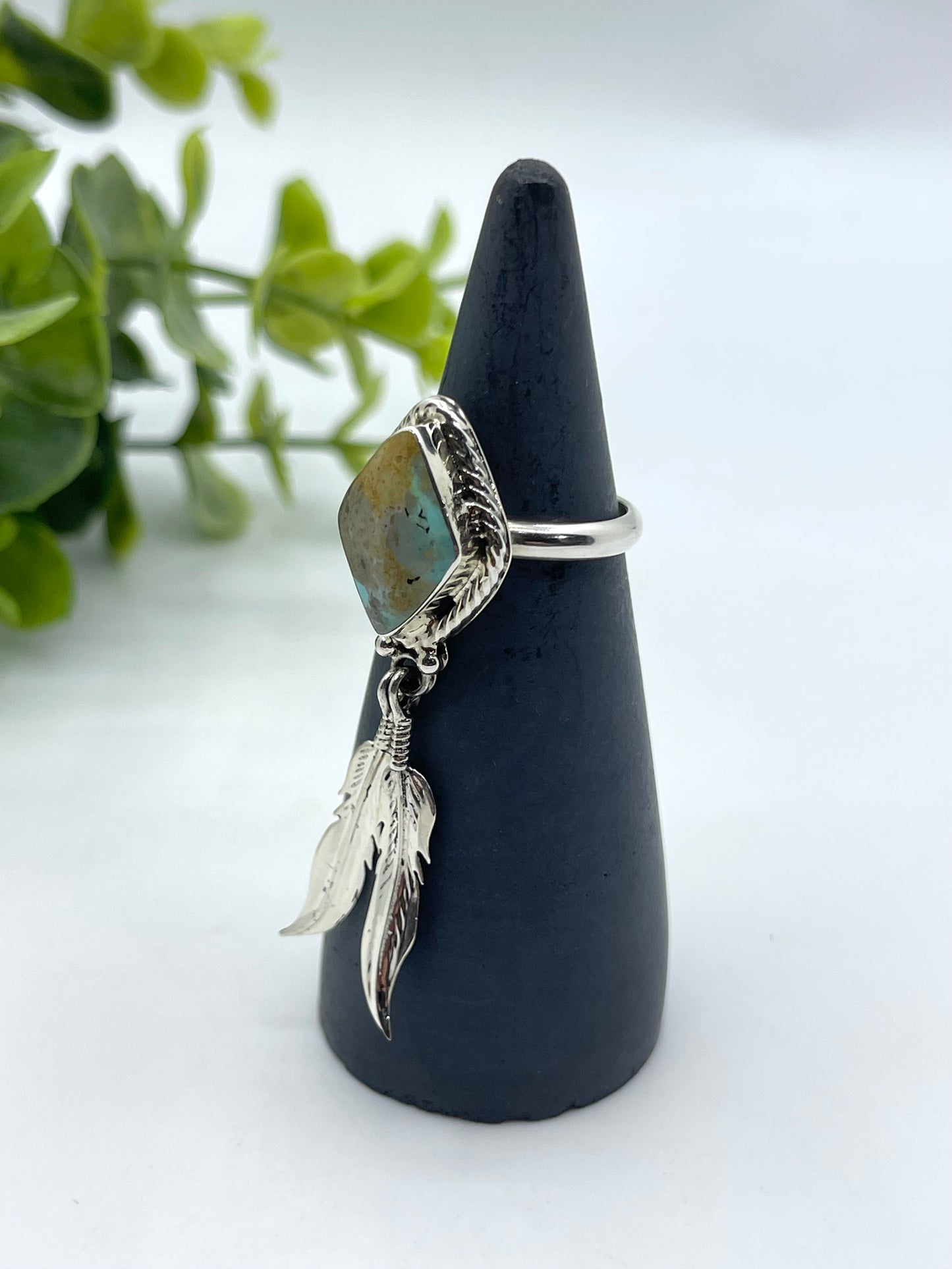 9.0 Turquoise Ring with 2 Feather by Jerome Lee, Navajo