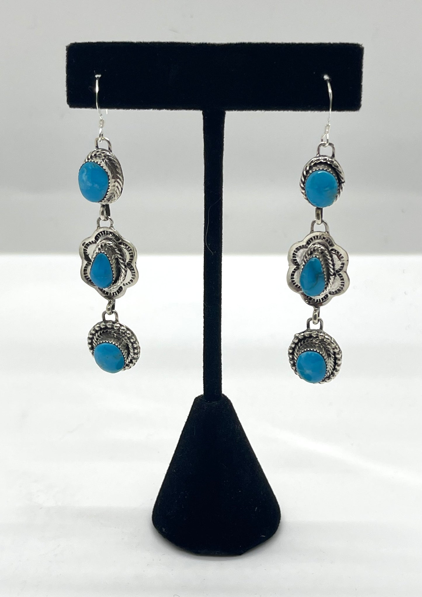 3 Stone Turquoise Dangle Earrings by Marie Tahe, Navajo