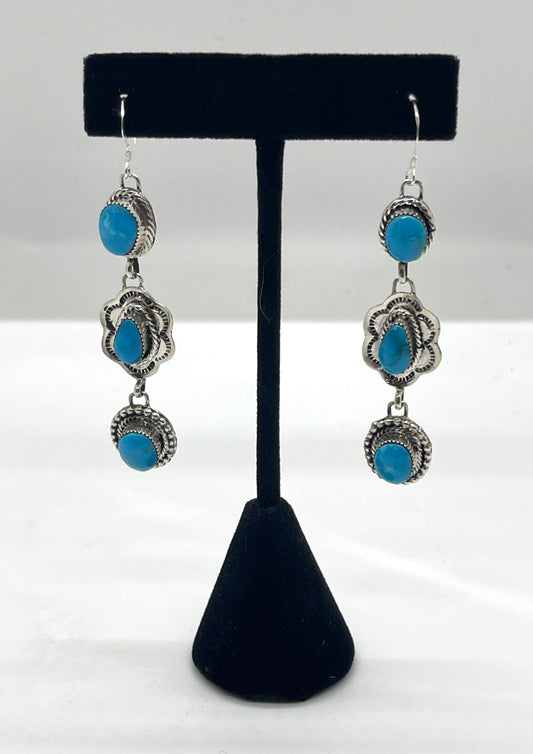 3 Stone Turquoise Dangle Earrings by Marie Tahe, Navajo