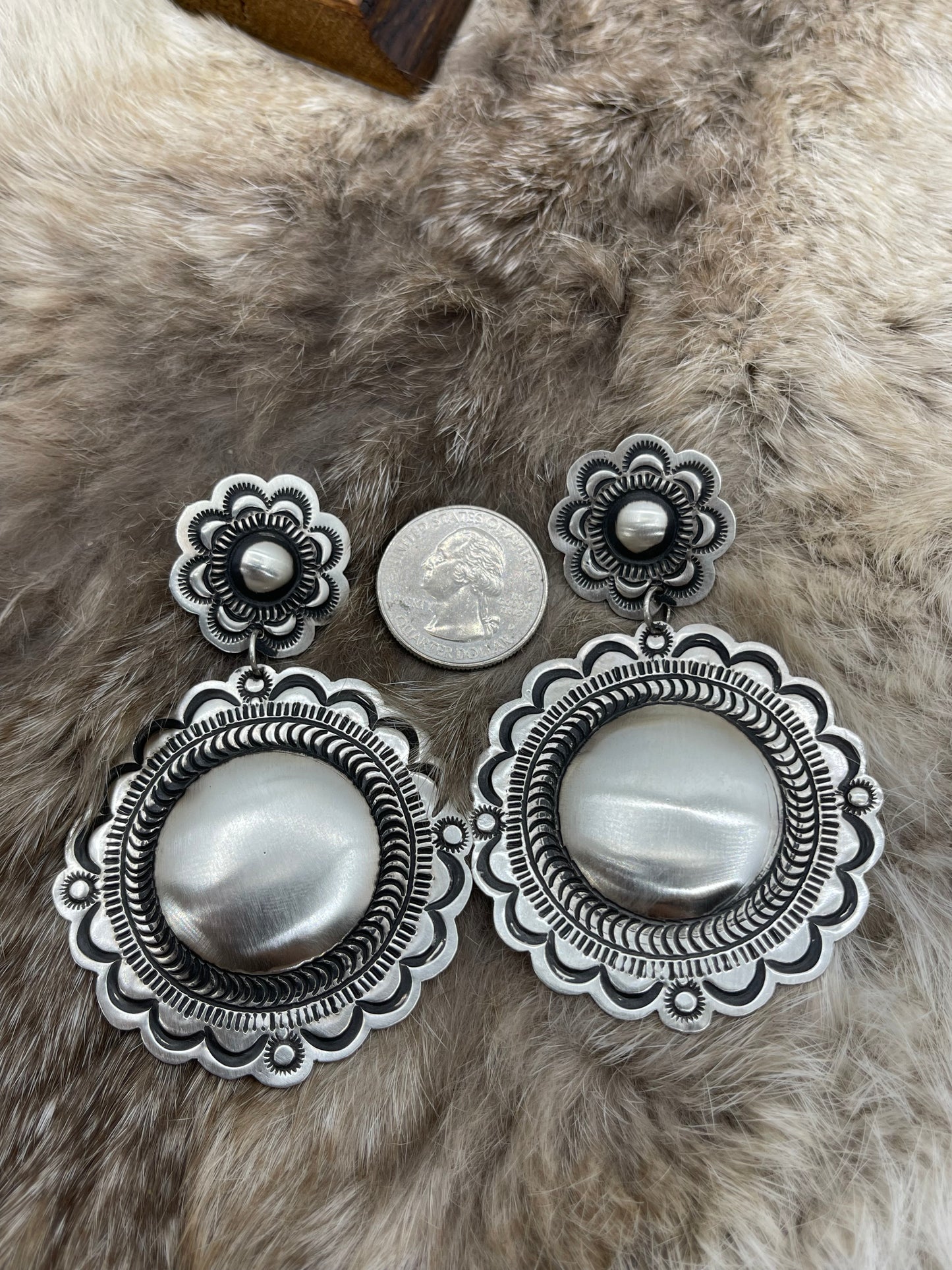 Big Double Concho Post Earrings by LeAnder Tahe, Navajo