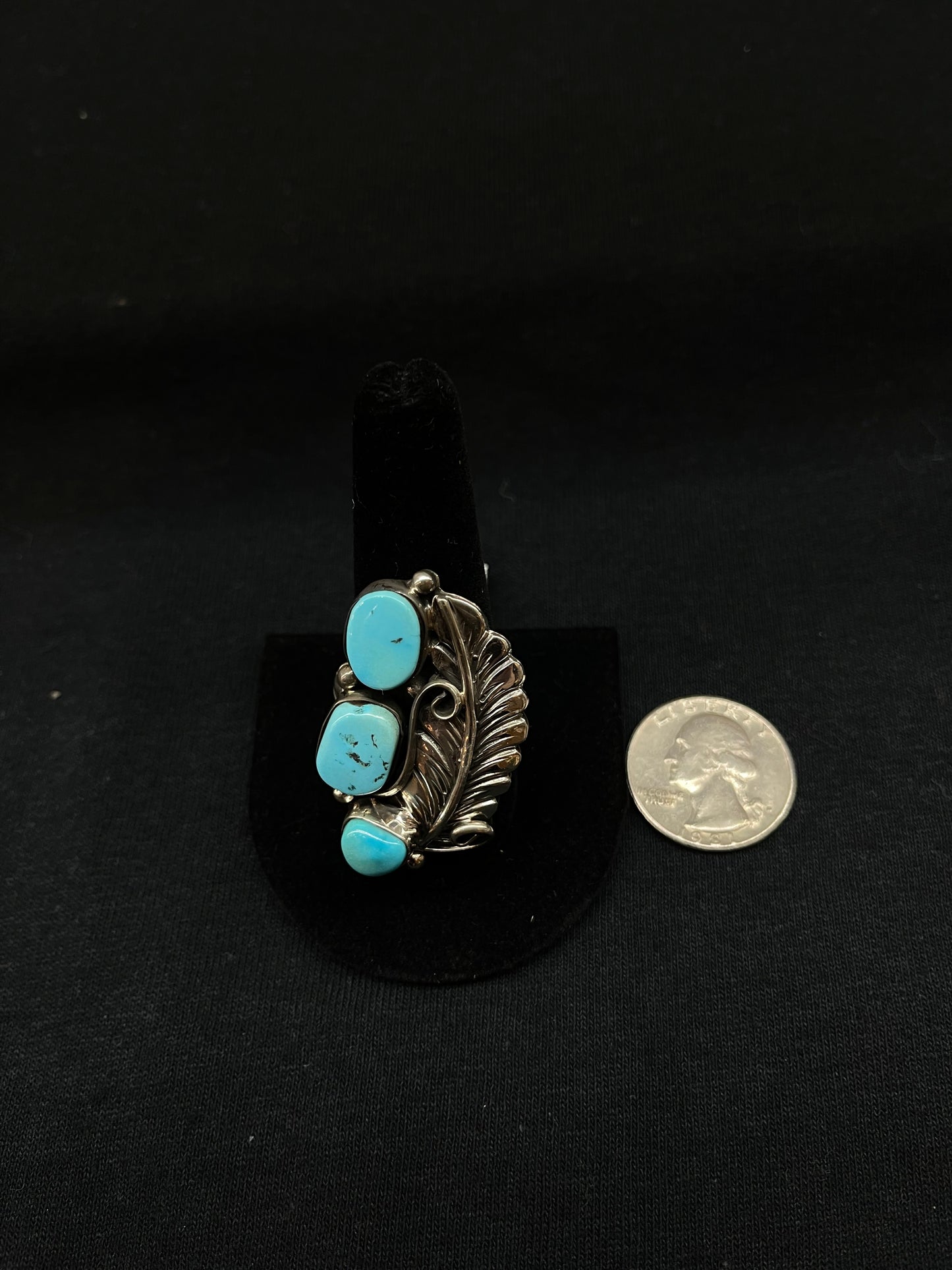 9.0 3 Stone Turquoise Feather Ring by Bernita Begay, Navajo