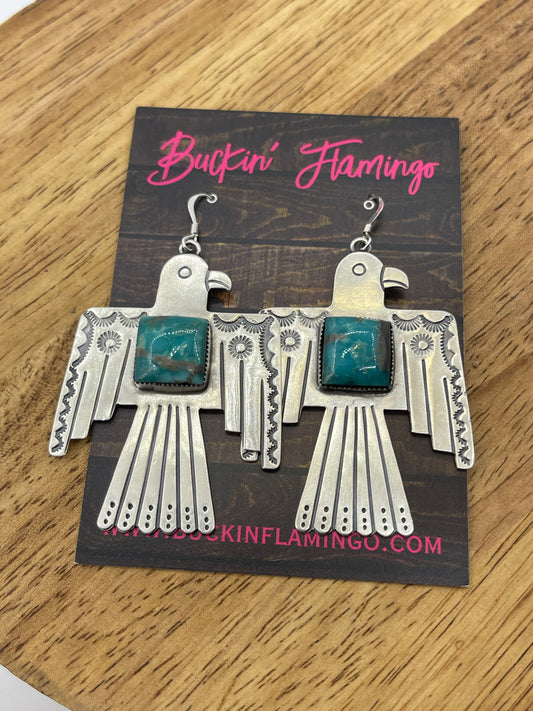 Kingman Turquoise Thunderbird Dangle Earrings by Jeremy Delgarito, Navajo