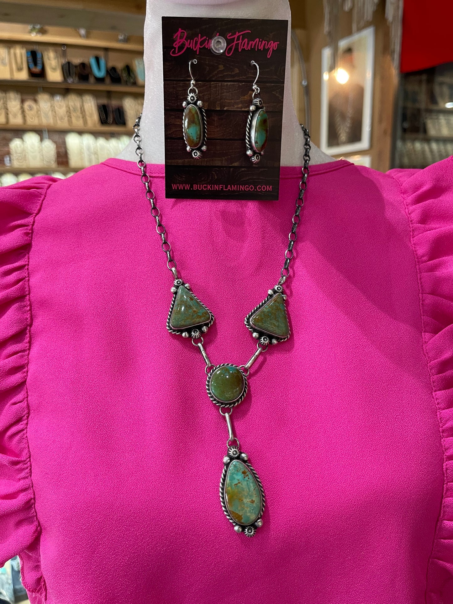 24" Turquoise Lariat Necklace and Dangle Earrings Set by Anne Spencer, Navajo