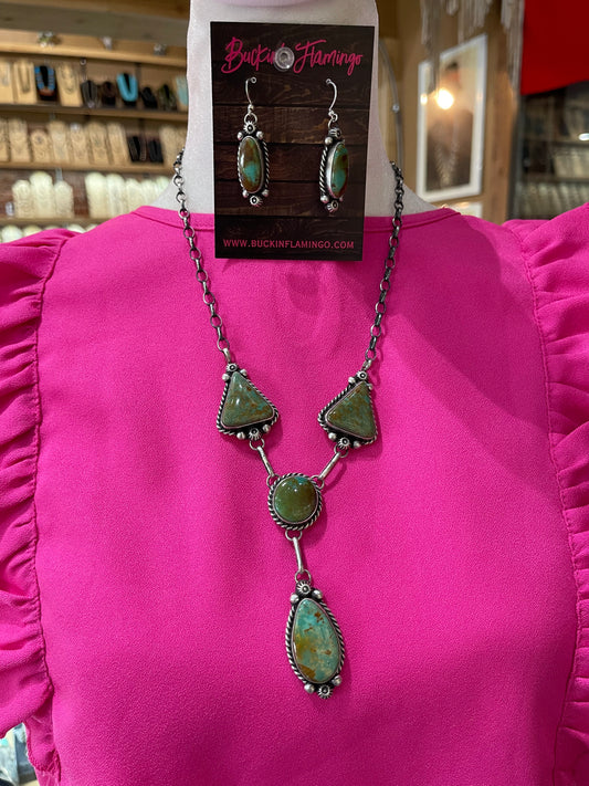 24" Turquoise Lariat Necklace and Dangle Earrings Set by Anne Spencer, Navajo