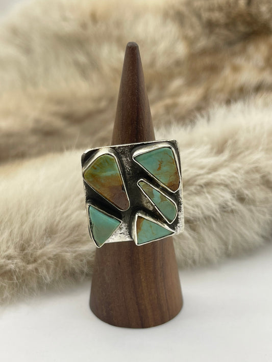 Adjustable (6.0-9.0) 5 Stone Square Ring with Royston Turquoise by Jude Candelaria, Zuni