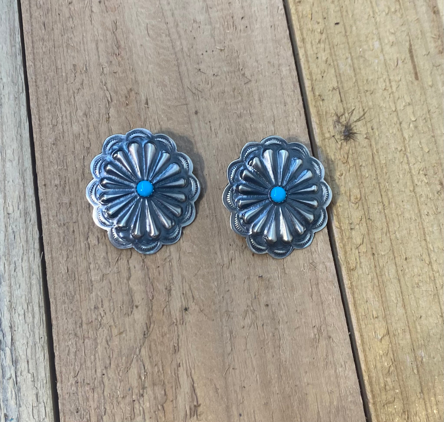 Hand Stamped Sterling Silver Concho with Sleeping Beauty Turquoise Earrings by Rita Daye