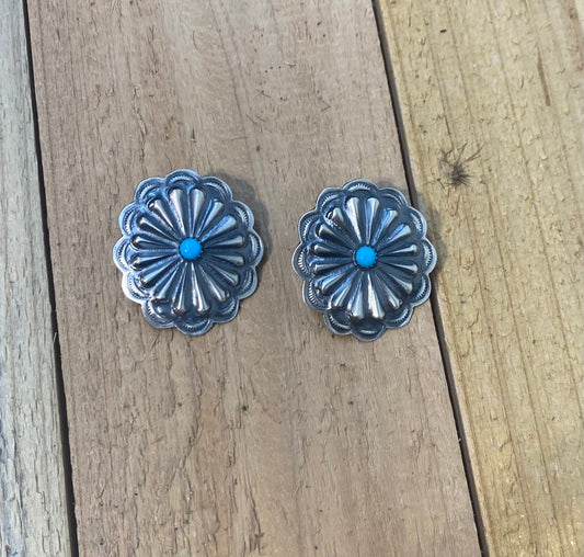 Hand Stamped Sterling Silver Concho with Sleeping Beauty Turquoise Earrings by Rita Daye