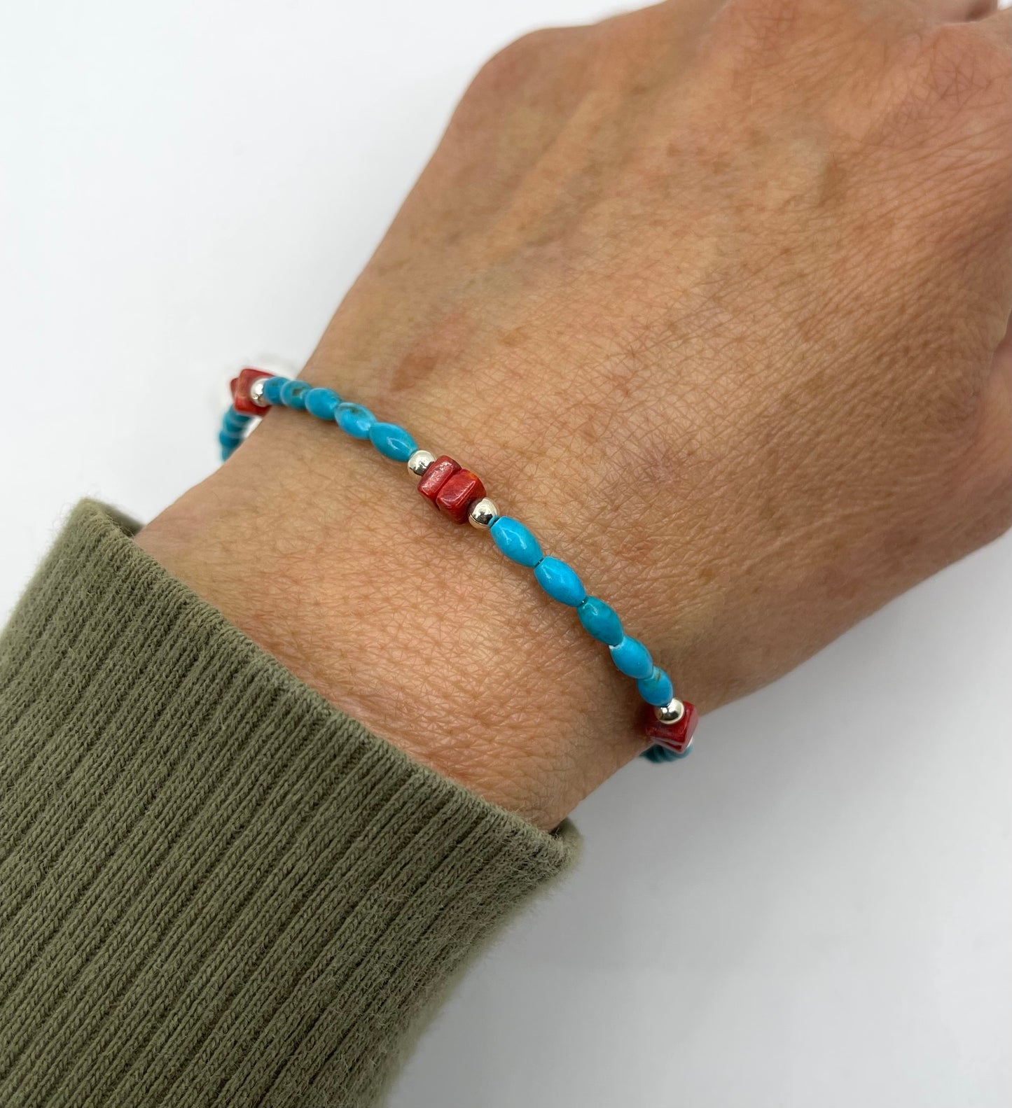 7" Turquoise and Coral Beaded Bracelet