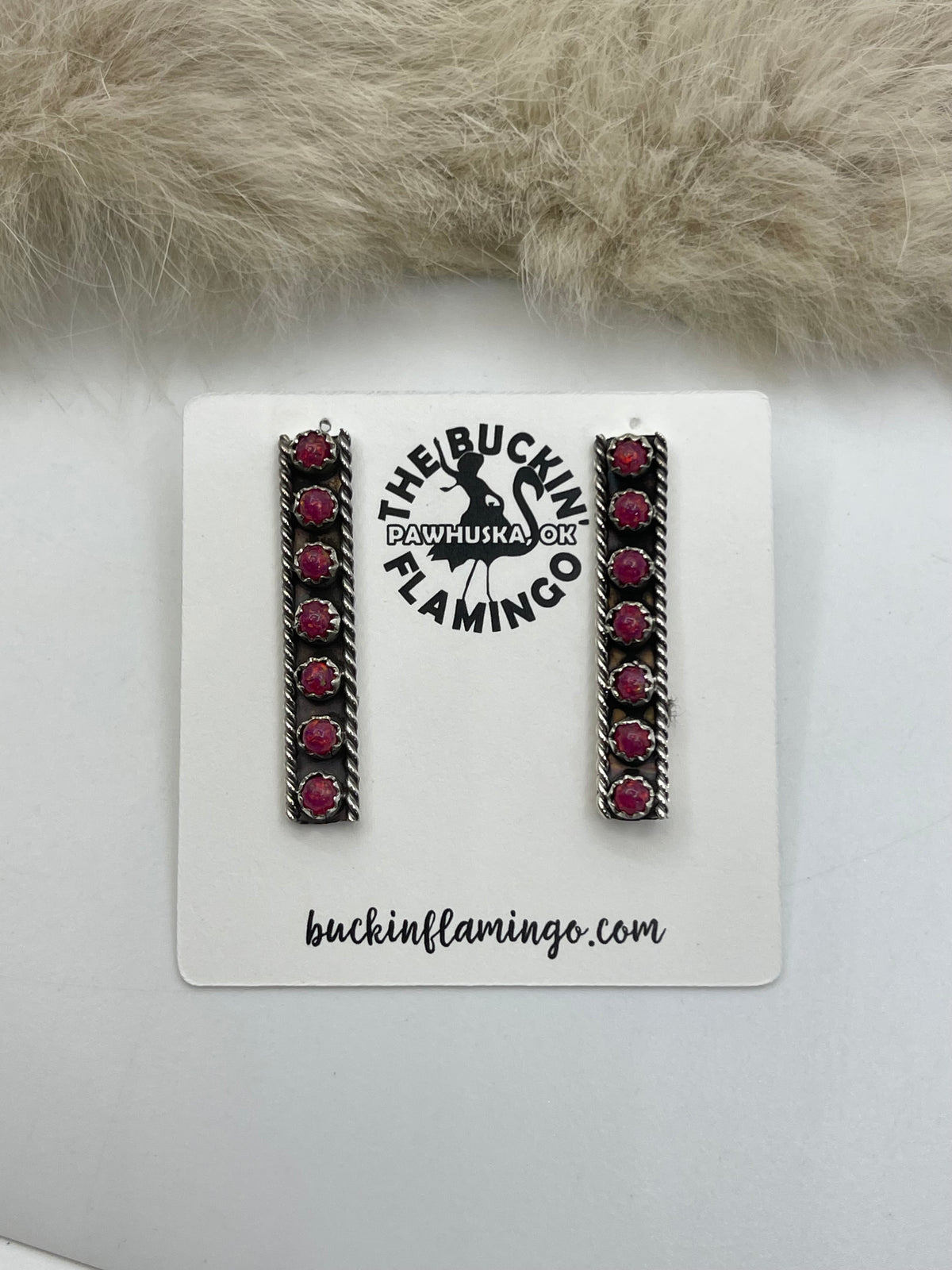 Dark Pink Opal Long Rectangle Earrings by Janice Spencer, Navajo