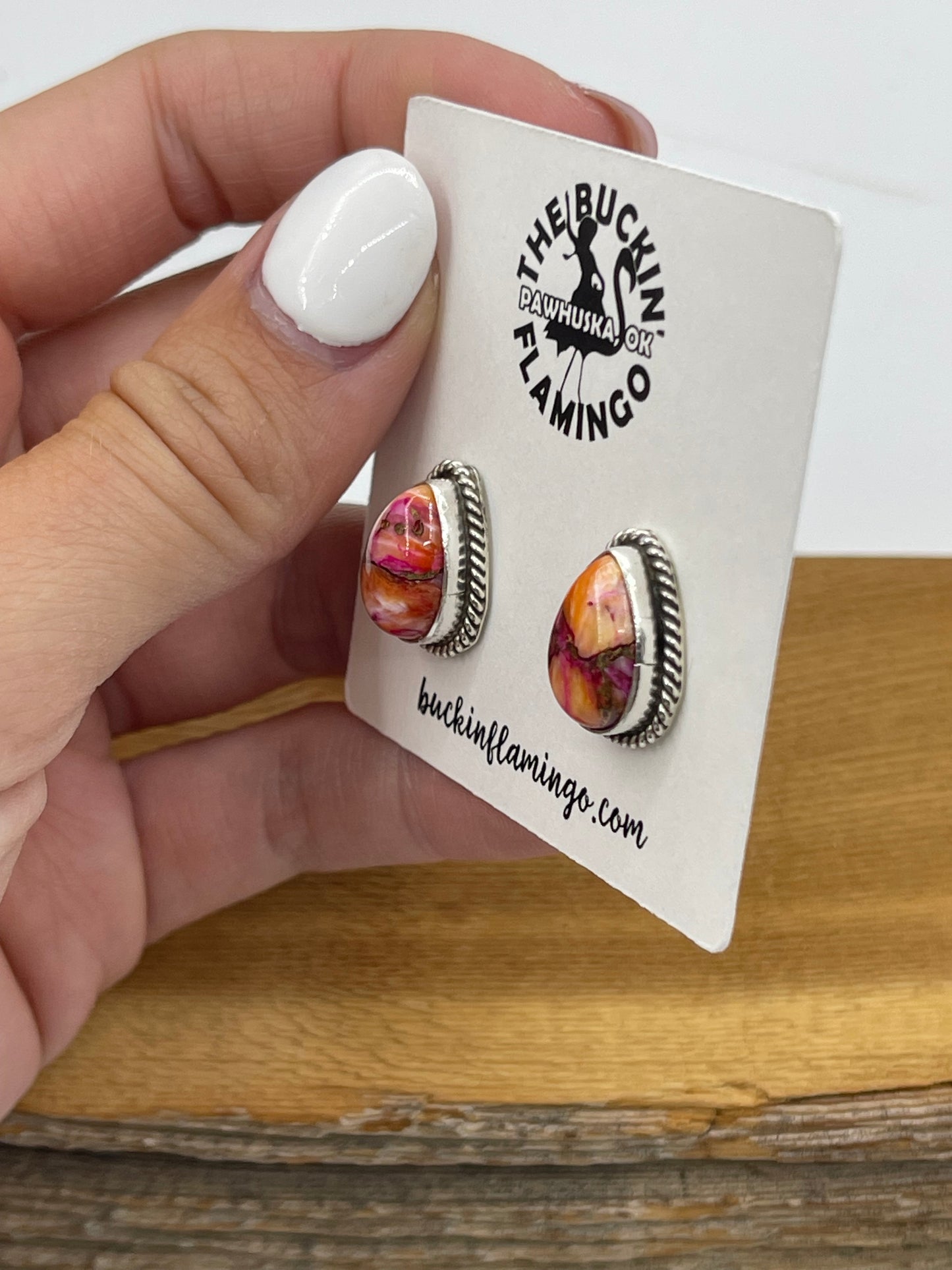 Orange Dahlia Teardrop Post Earrings by Trish Largo, Navajo