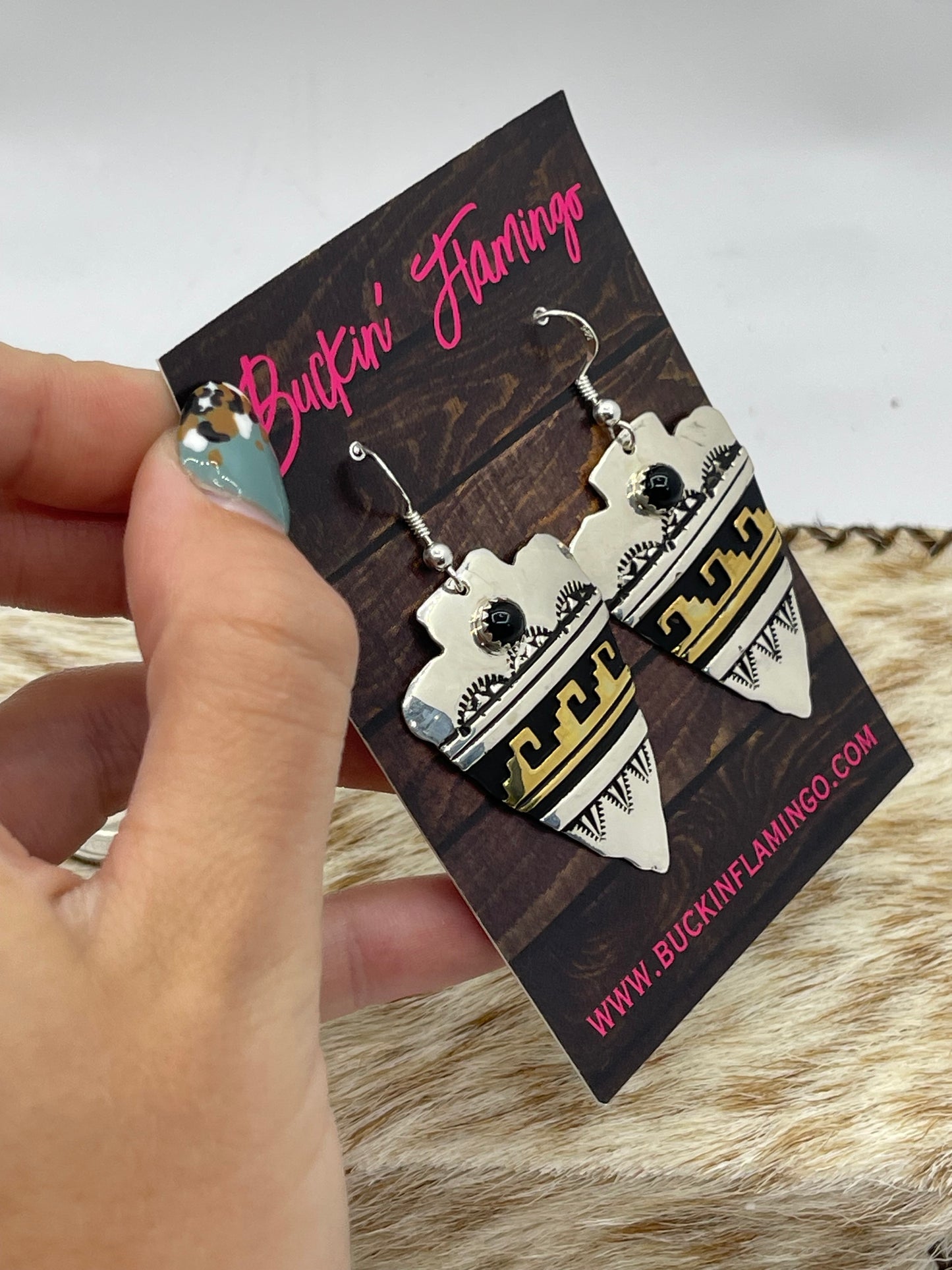 Black Onyx Brass and Silver Arrowhead Dangle Earrings by Tommy and Rose Singer, Navajo
