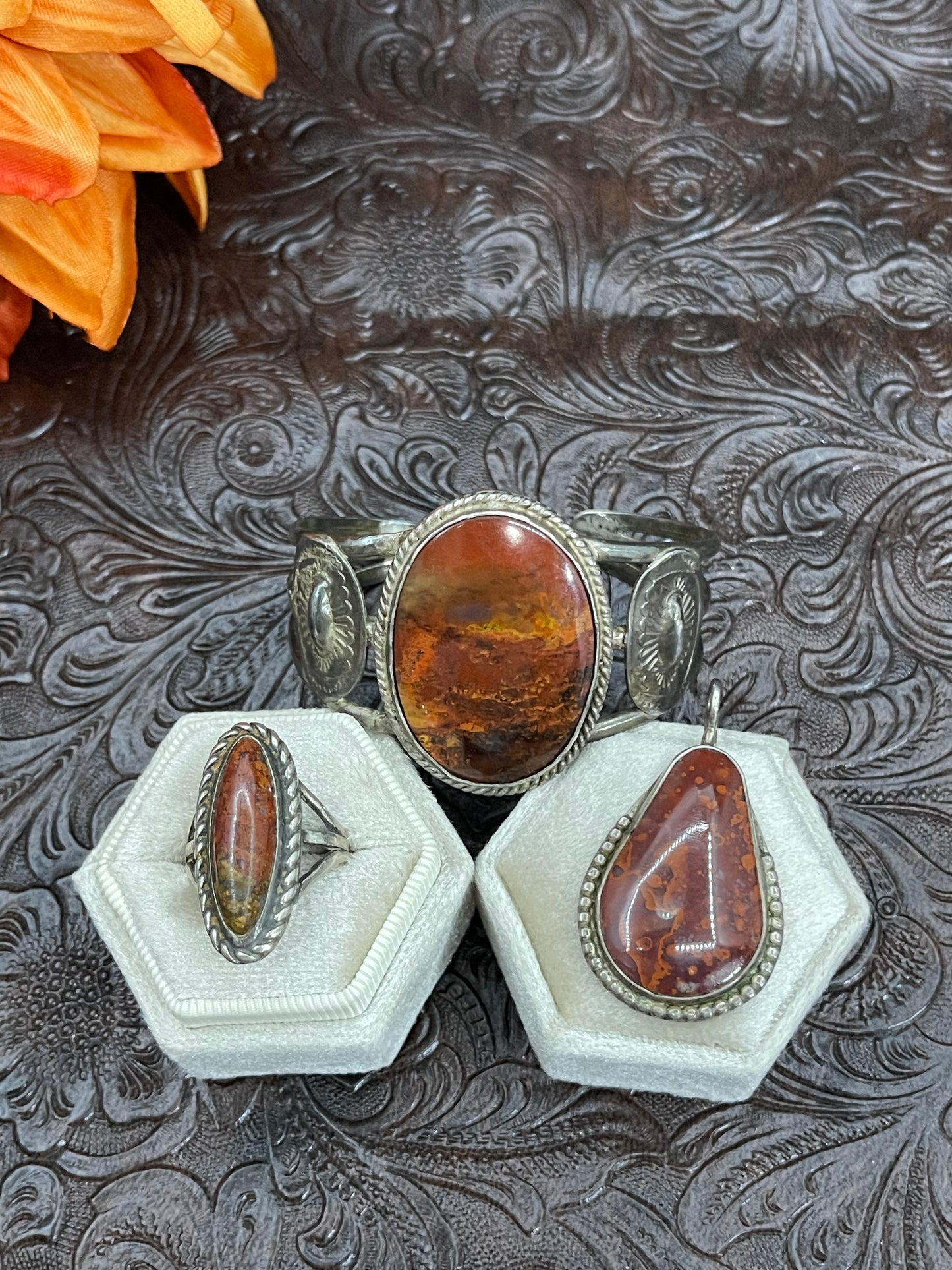 Vintage Petrified Wood Bracelet, Pendant & Ring Set