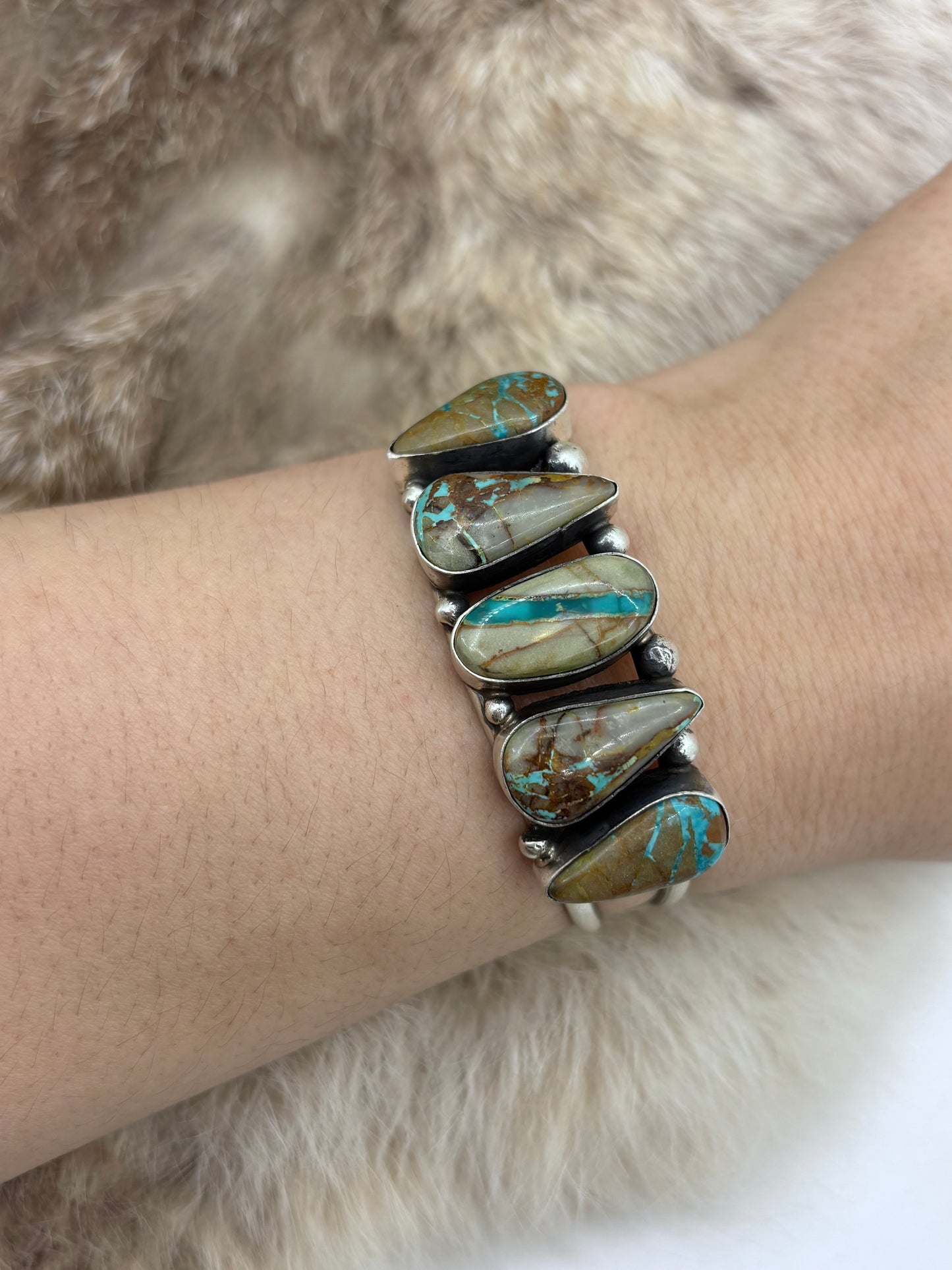 5.5" 7.25" 5 Stone Cuff Boulder Ribbon Turquoise by Augustine Largo, Navajo