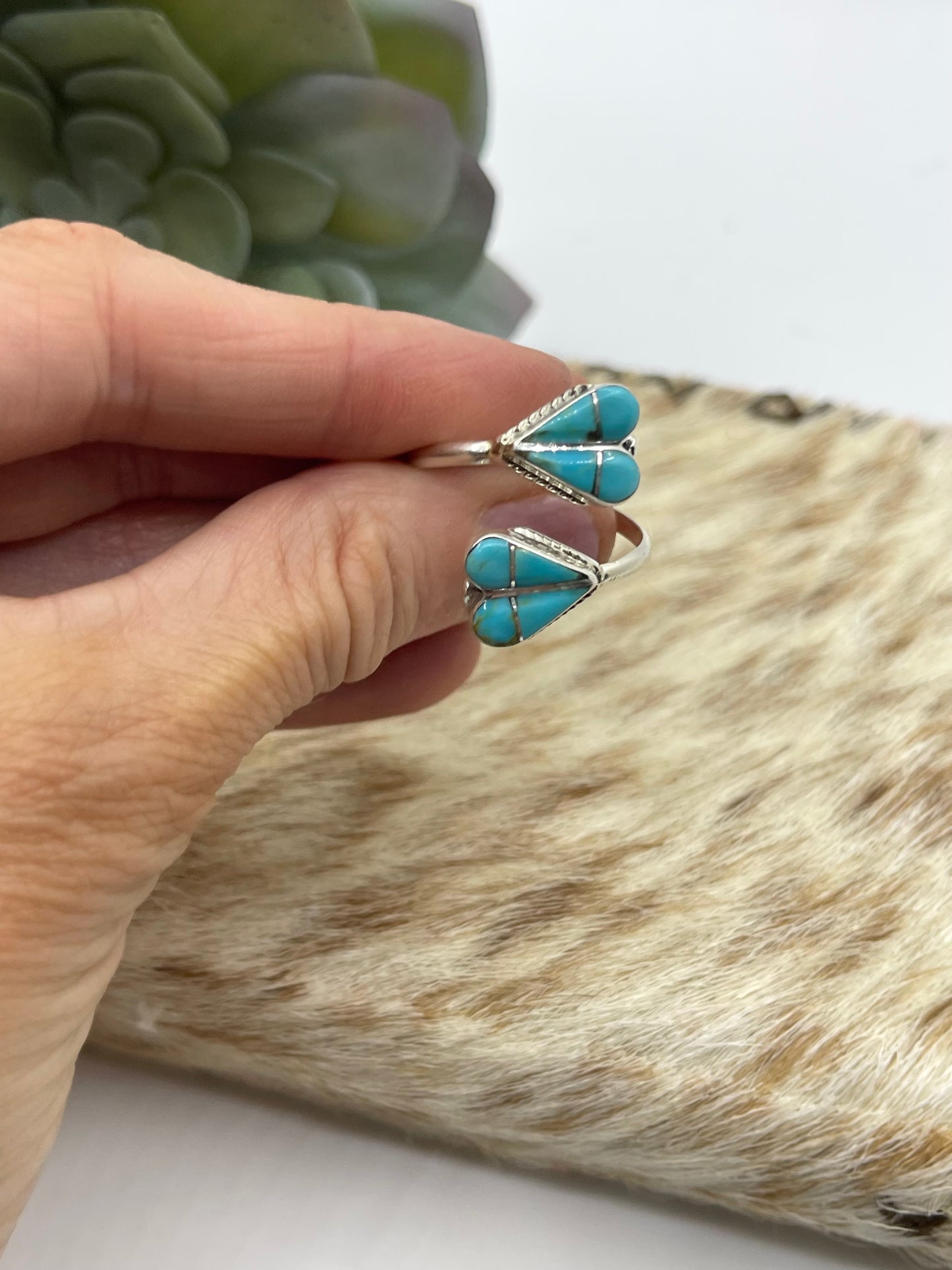 Adjustable Inlay Turquoise Double Heart Ring by Velda Nastacio, Zuni