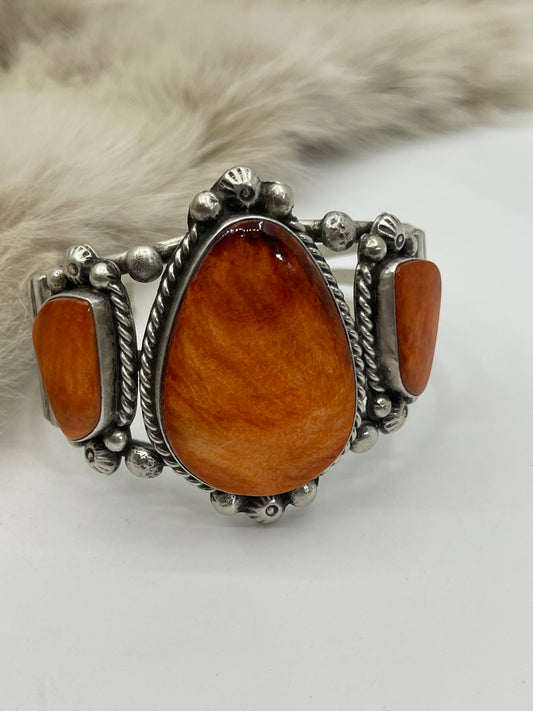3 Stone Orange Spiny Oyster Cuff by Augustine Largo, Navajo