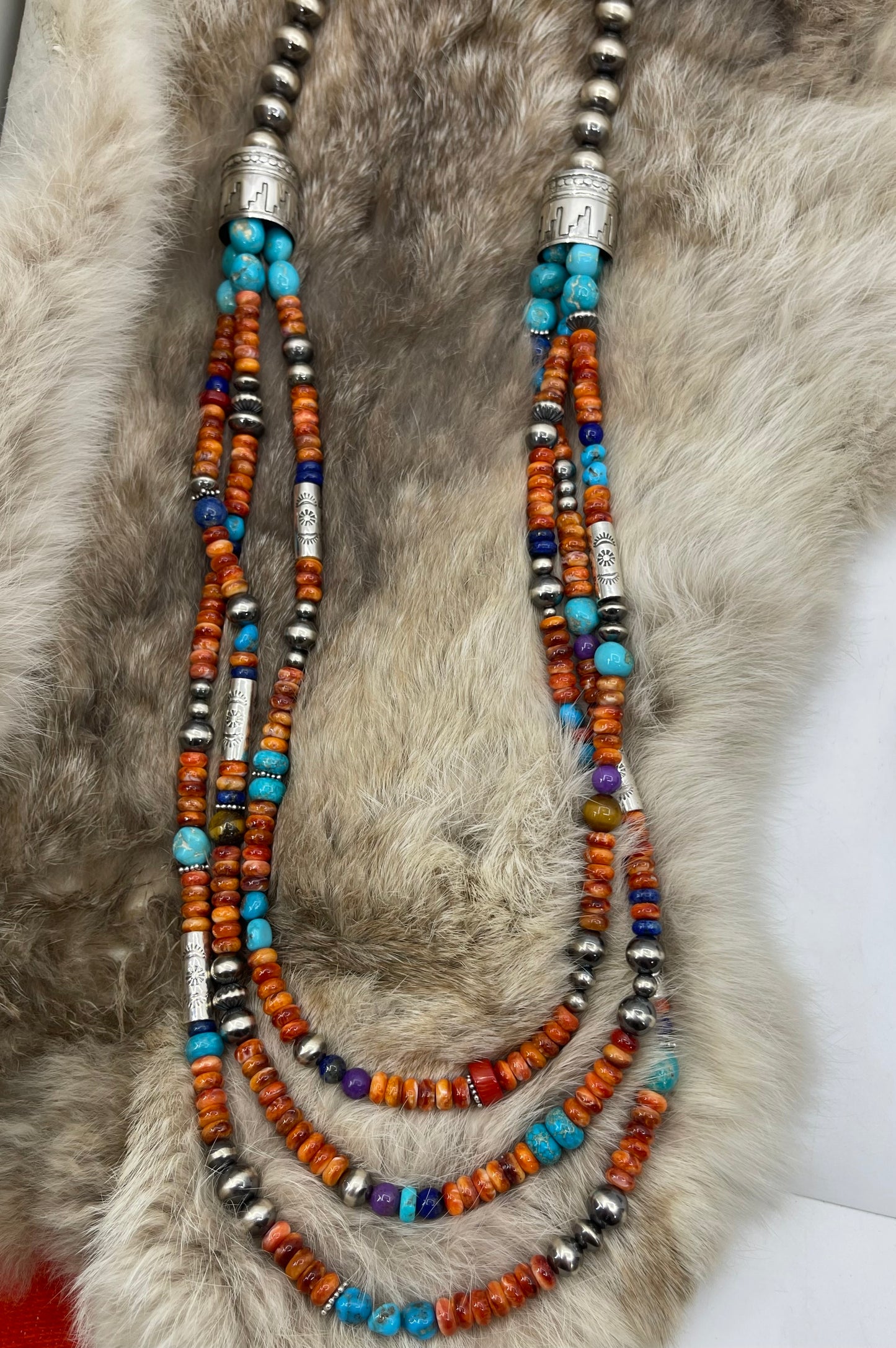 30" 3 Strand Spiny Oyster with Multi Stones & Navajo Style Pearls