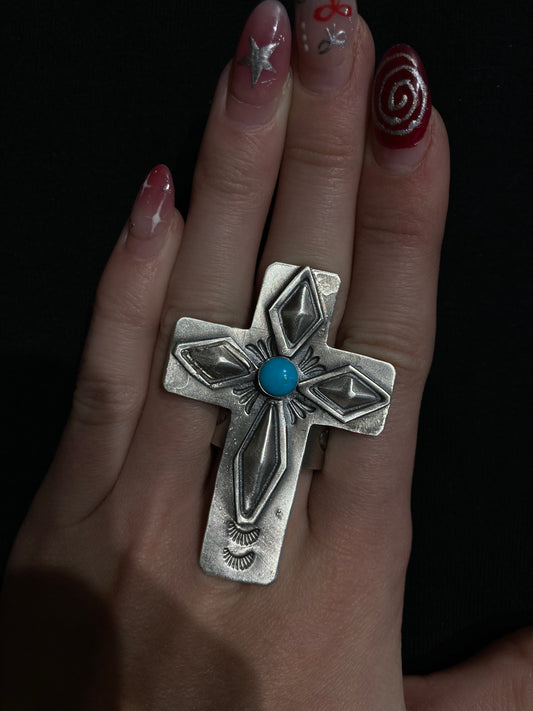 8.0 Silver Cross and Turquoise Ring by Boyd Ashley, Navajo