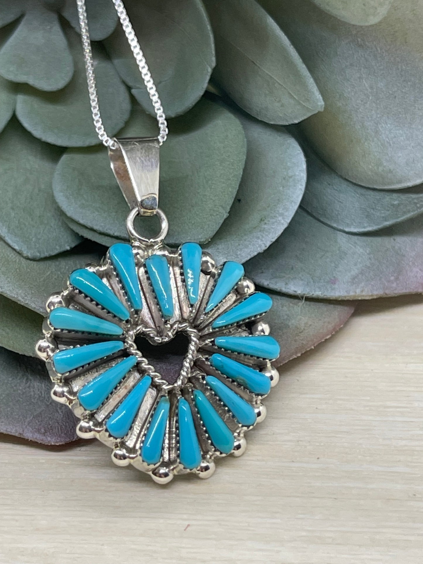 16" Turquoise Needlepoint Heart Necklace by Rebecca B. Laate, Zuni