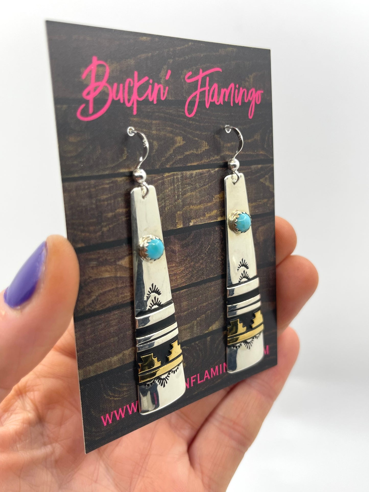 Silver with Brass Overlay Turquoise Dangle Earrings by Tommy and Rose Singer, Navajo