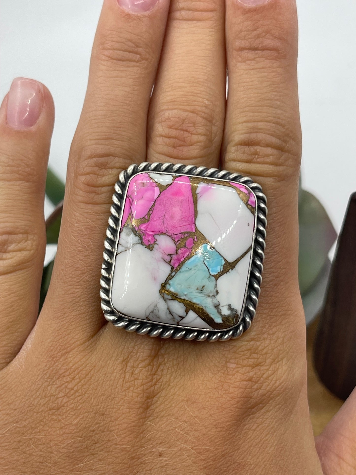 Adjustable Cotton Candy Square Ring by Augustine Largo, Navajo