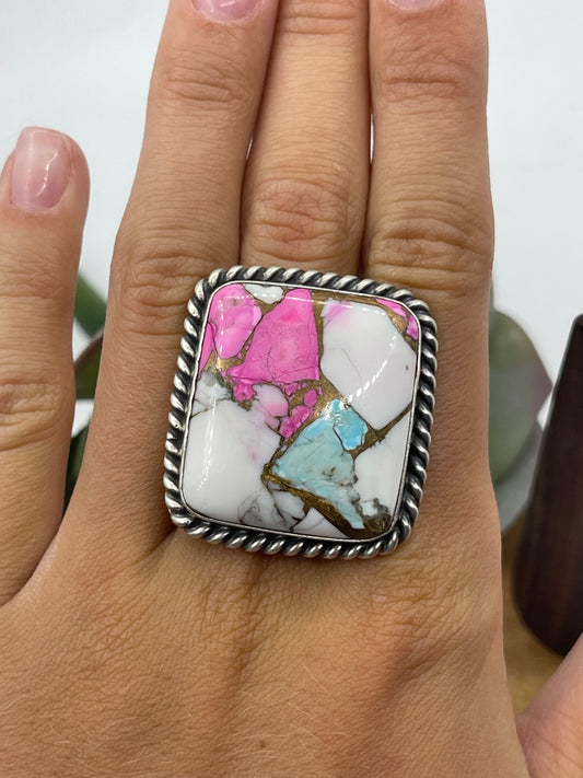 Adjustable Cotton Candy Square Ring by Augustine Largo, Navajo