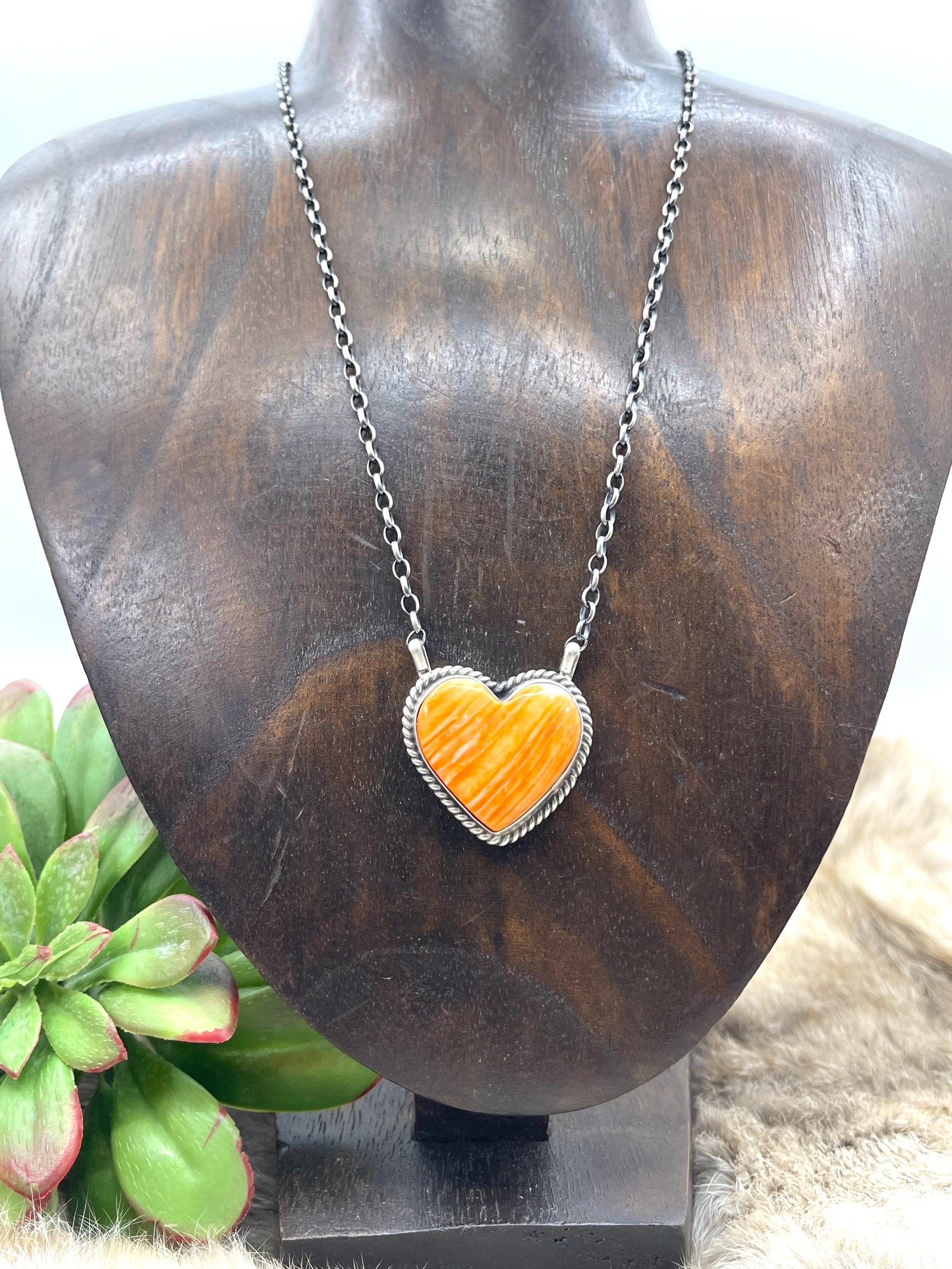 17" Orange Spiny Oyster Heart Shaped Necklace by Johnny Dixon, Navajo