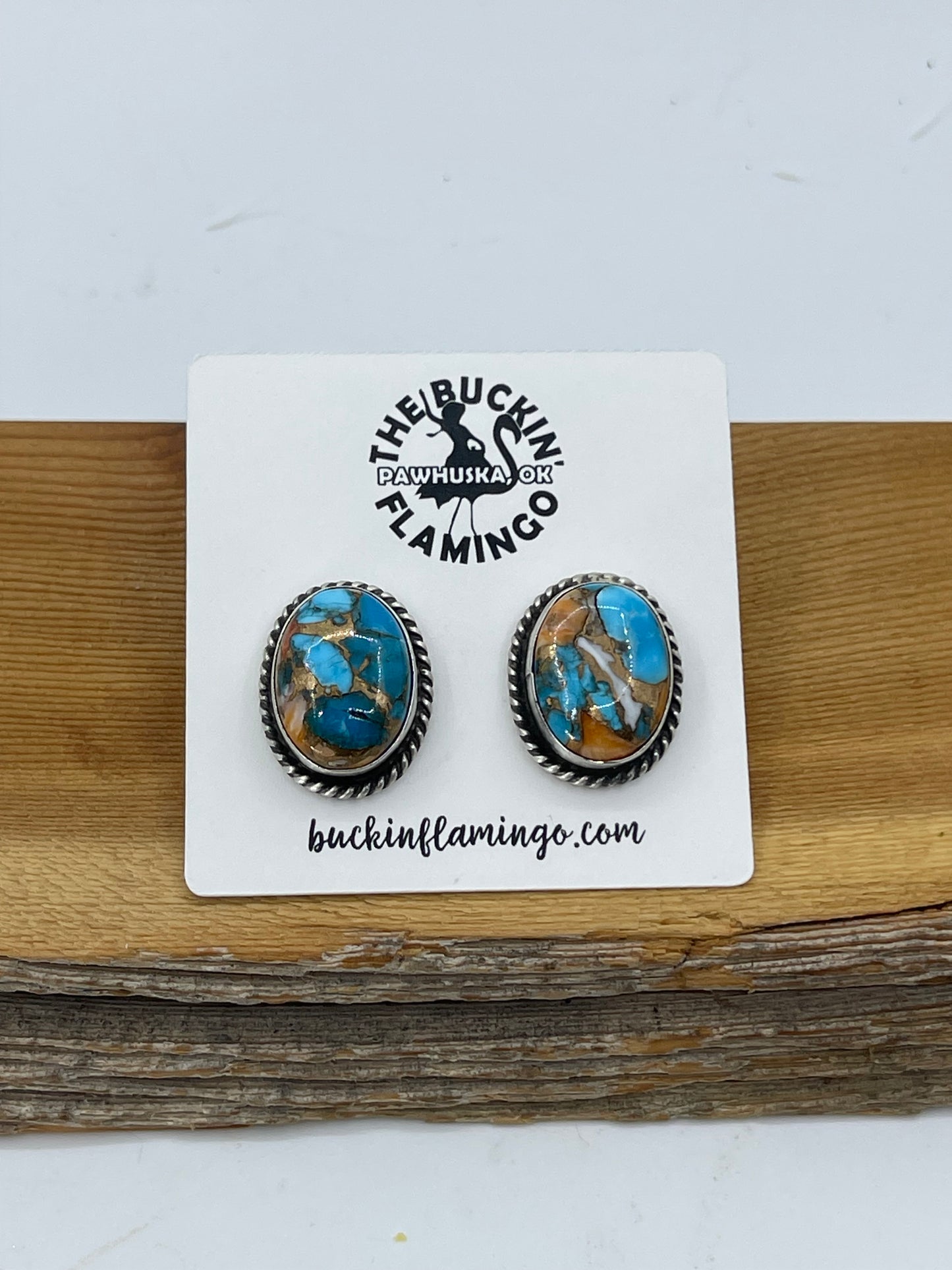 Spiny Turquoise Oval Post Earrings by Judith Dixon, Navajo