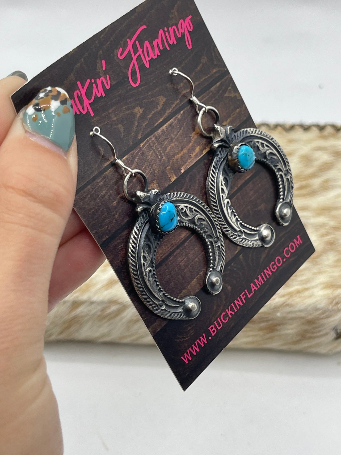 Tufa Cast Naja Turquoise Dangle Earrings by Eva and Linberg Billah, Navajo