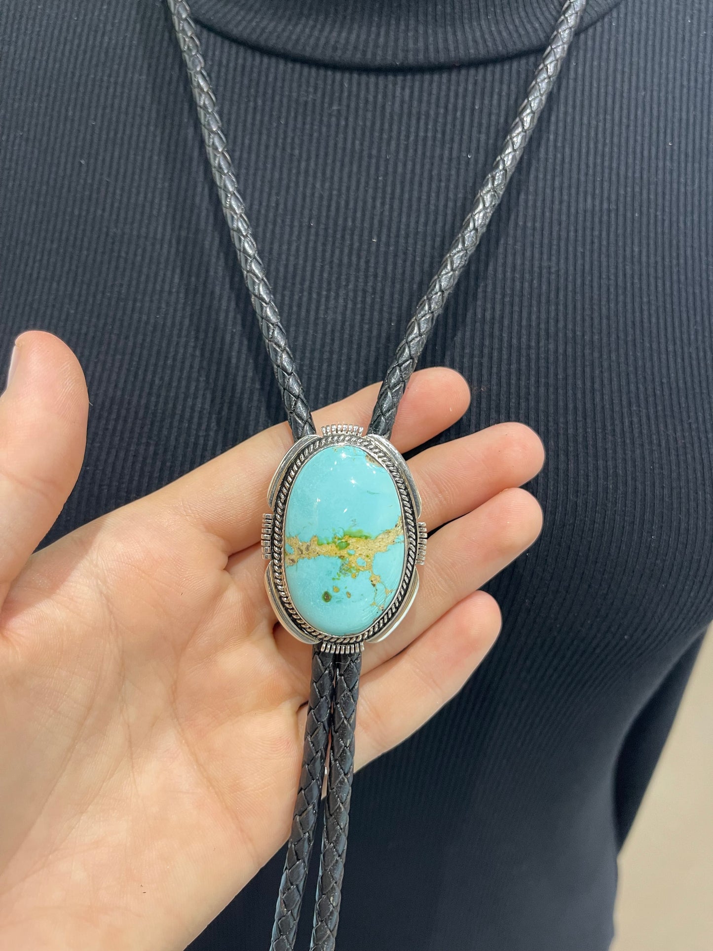 High Grade Kingman Turquoise Bolo by Joelias Draper, Navajo