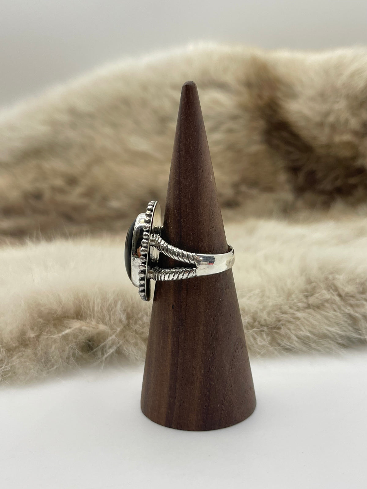 7.5 Black Onyx Oval Ring with Silver Border