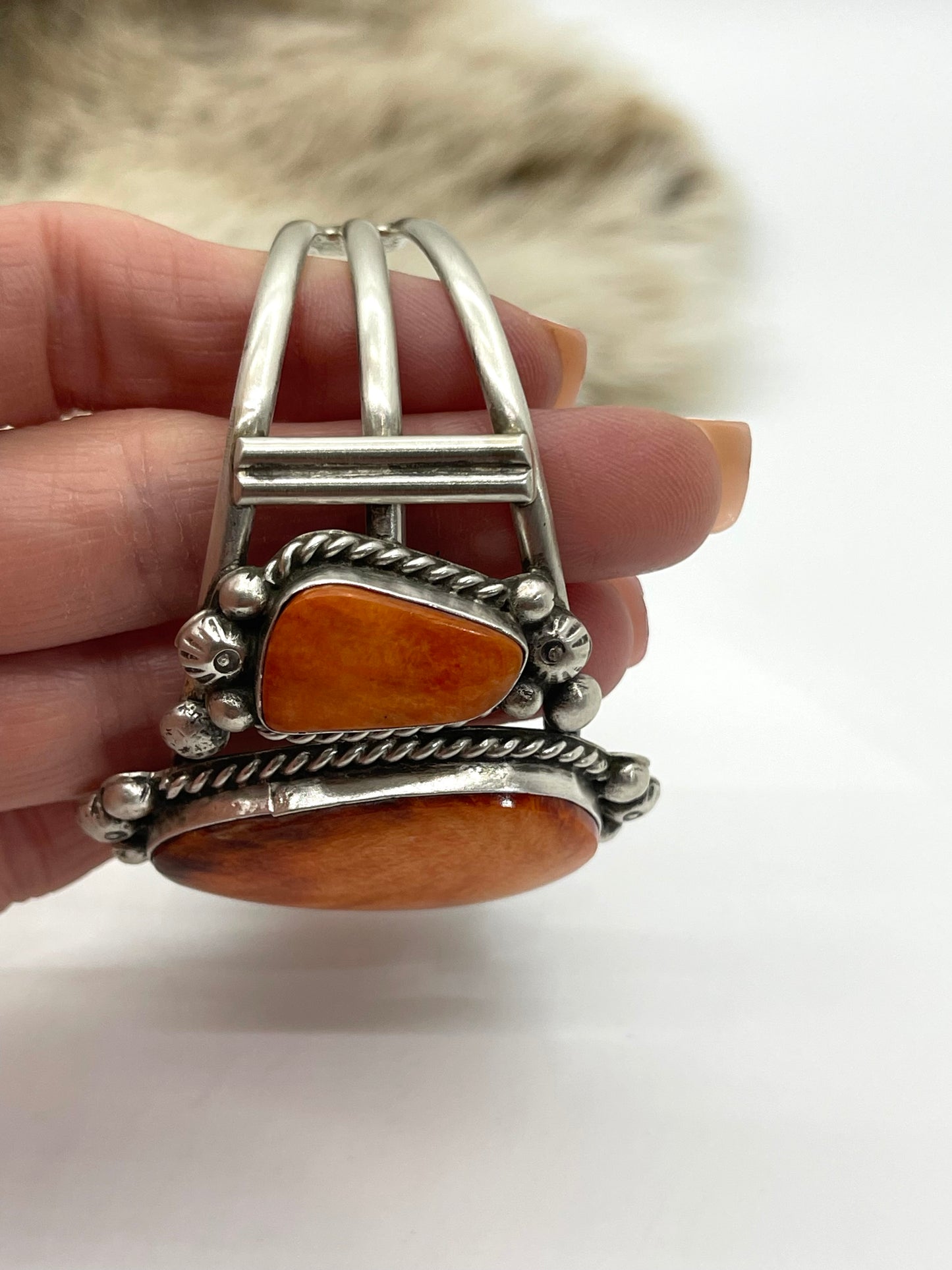 3 Stone Orange Spiny Oyster Cuff by Augustine Largo, Navajo