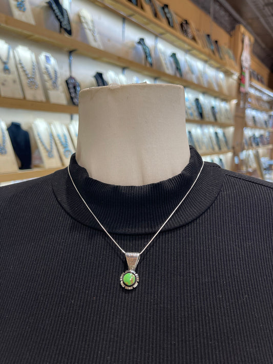 Green Turquoise Pendant 5.5mm Bail by Sadie Jim, Navajo on 18” Chain