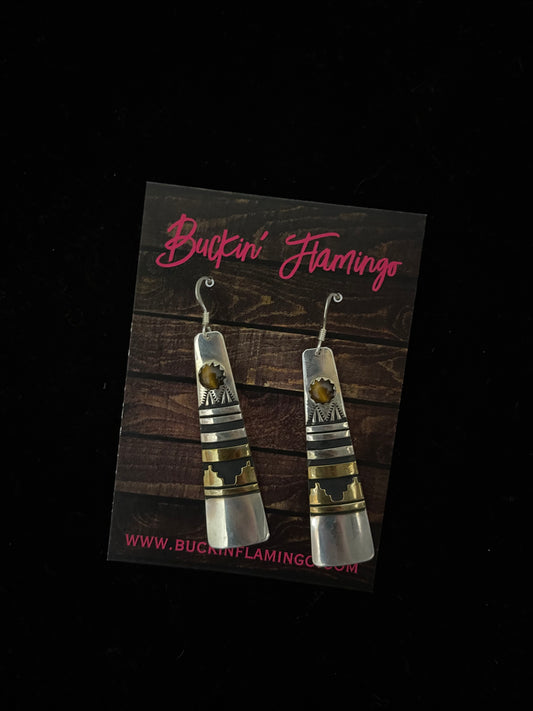 Brass and Silver Tigers Eye Dangle Earrings by Tommy and Rose Singer, Navajo