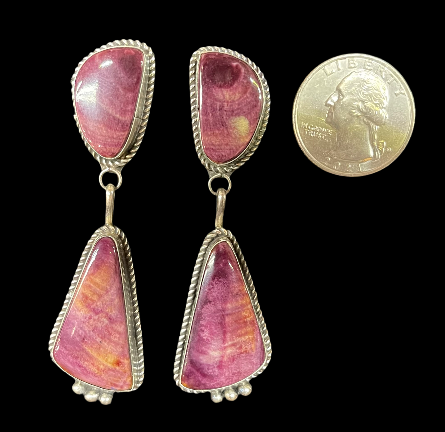 Purple Spiny Oyster Shell 2-Stone Post Dangle Earrings by Judith Dixon, Navajo