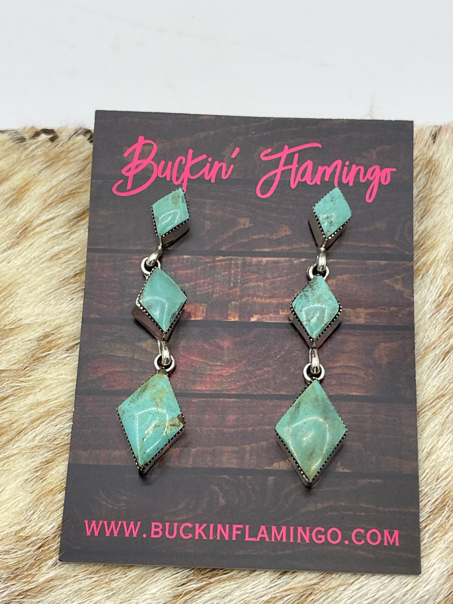 3 Stone Kingman Turquoise Diamond Shaped Post Dangle Earrings by Jimson Belin, Navajo