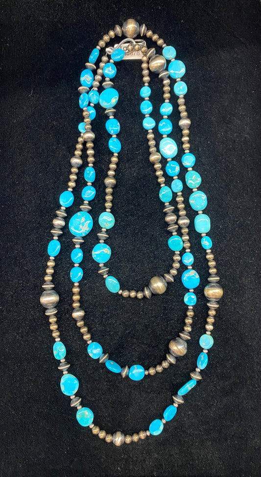60" Graduated Navajo Pearls and Sleeping Beauty Turquoise Disc Beads