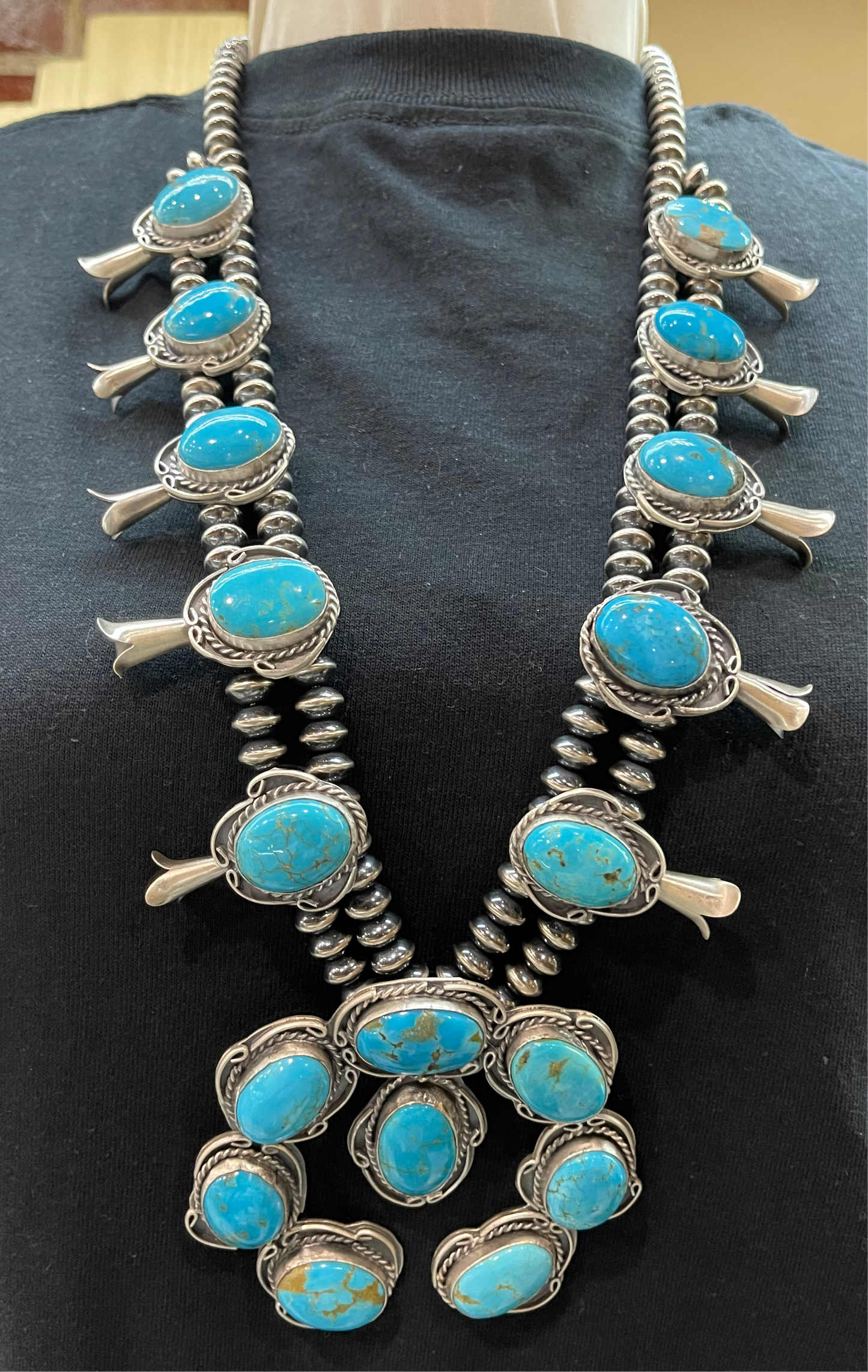 28" Turquoise Squash Blossom by Gilbert Nez, Navajo