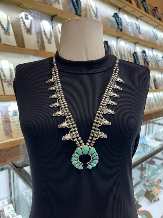26”+3.5” Naja More Green Necklace by Jimmy Garcia, Navajo