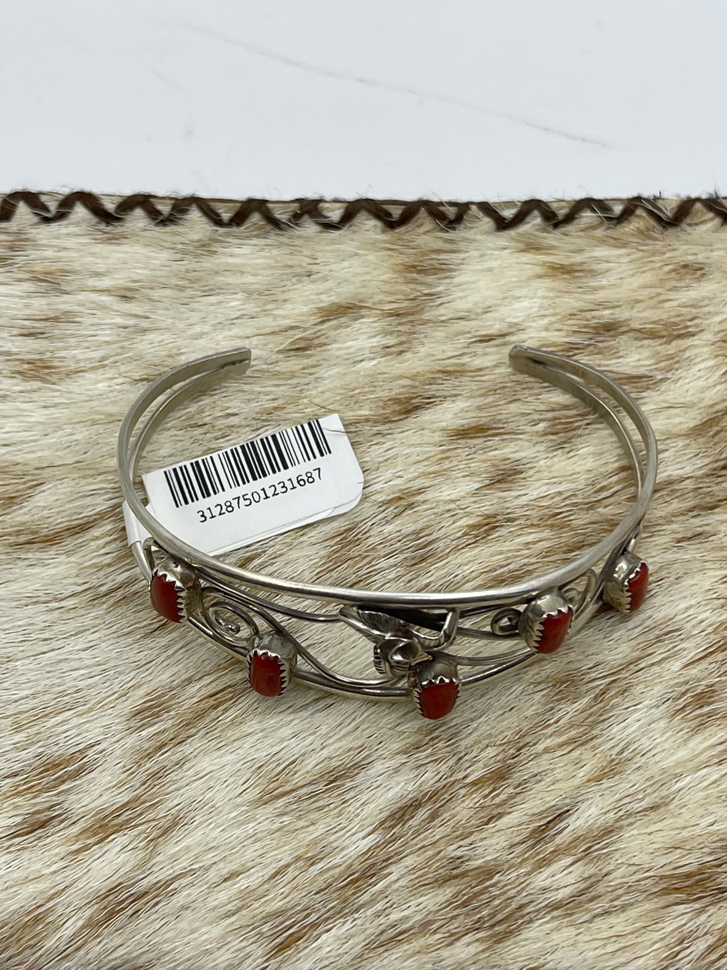 5 1/4" Red Coral 5 Stone Cuff by Carolynn Nez, Navajo
