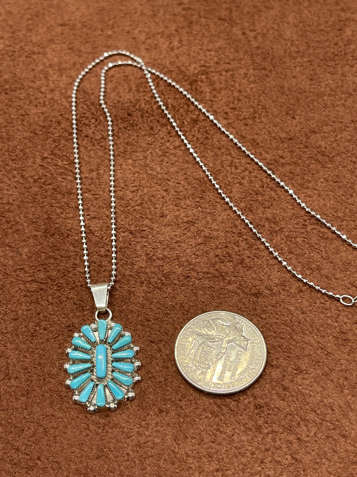 18"+3" Turquoise Needlepoint Cluster Pendant Necklace by Vera Halusewa, Zuni