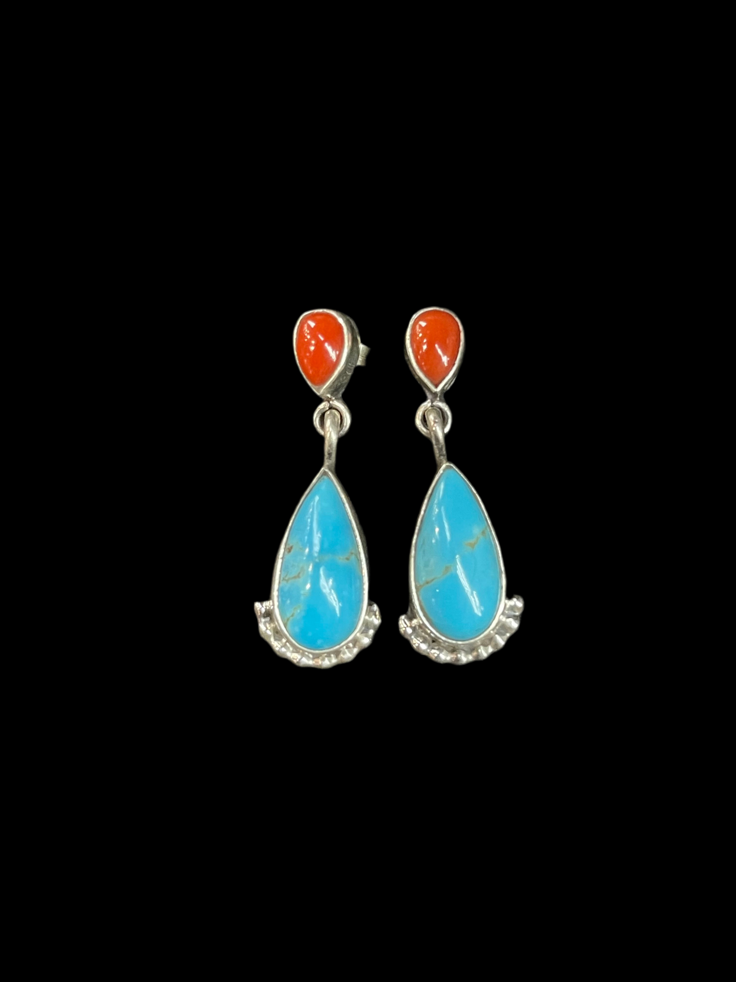 Coral & Turquoise Post Dangle Earrings by Verley Betone,Navajo